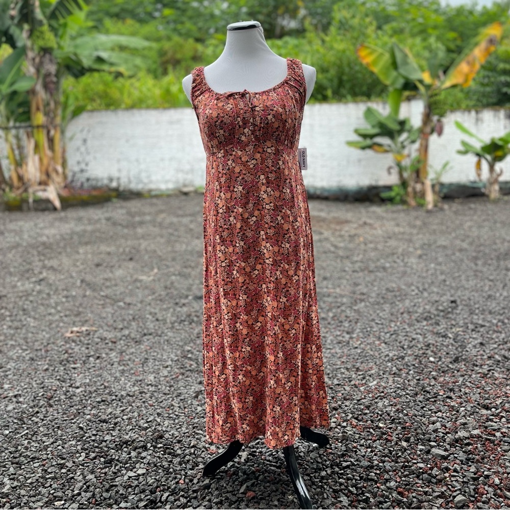 NWT Old Navy Waist-Defined Crepe Midi Dress • Brown Floral
